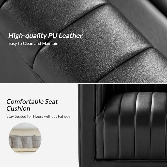 HULALA Home Faux Leather Swivel Accent Chair Boxy Silhouette Chair with Striped Arm Leather Barrel Chair with Herringbone Pattern(Black)
