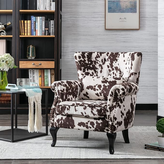 chairus Mid-Century Modern Accent Chair Comfy Tufted Single Sofa Chair Wingback Armchair with Pillow for Club Living Room Bedroom - Velvet Cow