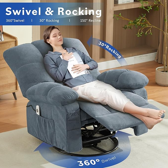 Oversized Recliner Chair with Massage and Lumbar Heating Swivel Rocker Recliner with Remote Control Single Sofa Chair for Adults Seniors Elderly at Living Room Bedroom Study Room