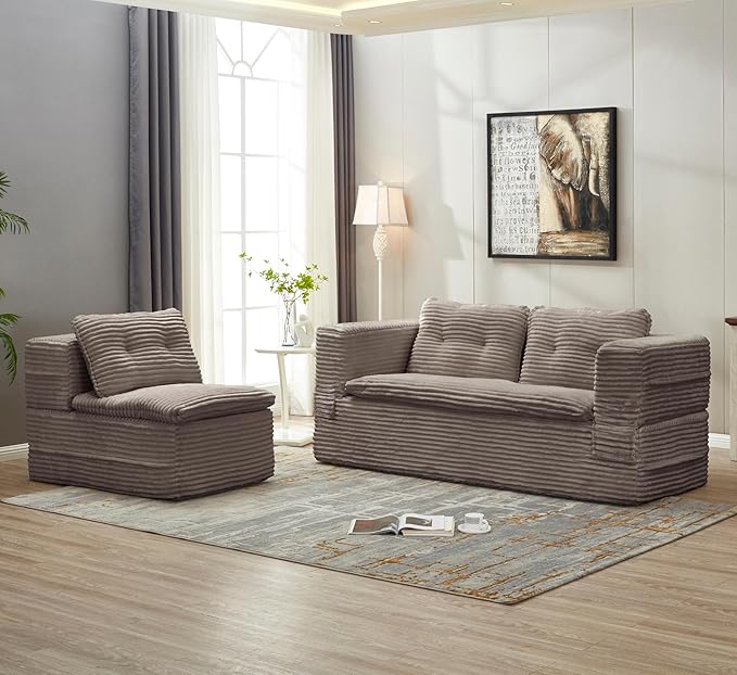Sleeper Sofa with Chaise Lounge Convertible Sectional Couch Bed Plush Corduroy 3-Seat Sofa with Blanket Deep Seat King Size Sleeper for Small Apartment No Assembly Required (Coffee)