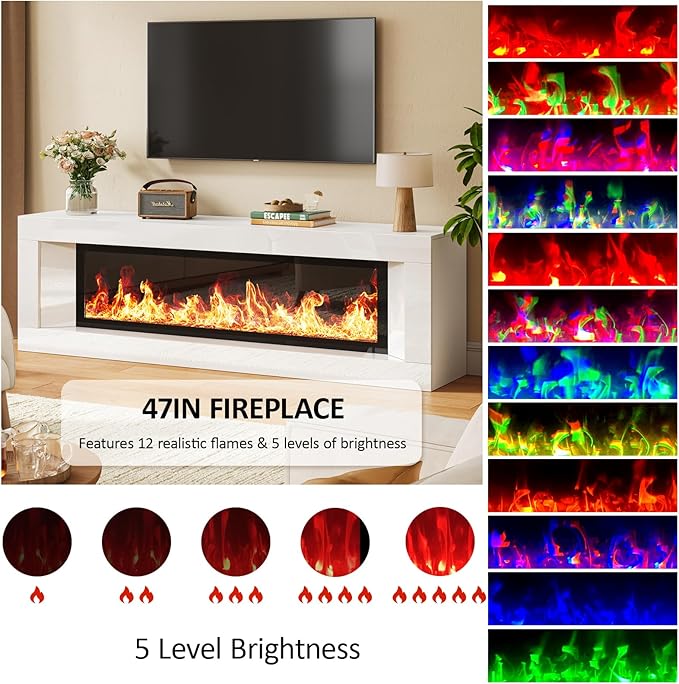 High Gloss Fireplace TV Stand with 47 Electric Fireplace Unheated 63 Entertainment Center with Fireplace Modern Wood TV Console with 12 Electronic Flame Colors for Living Room White