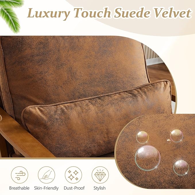 VINGLI Solid Wood Wide Armrests Accent ChairUpholstered Mid Century Modern Chair with PillowComfy Reading Chair Farmhouse Arm ChairChairs Living RoomBedroomGuest RoomSuedeRustic