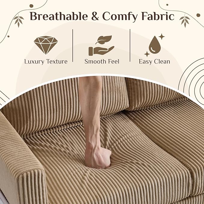Karl home Small Sectional Couch L Shaped Sofa with Movable Storage Ottoman Corduroy Upholostered Sofa Chaise with Side Pockets for Living Room Apartment Studio Khaki