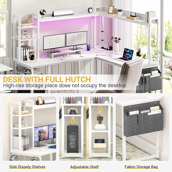 Aheaplus L Shaped Desk with Power Outlet L Shaped Gaming Desk with Led Light &amp Hutch Reversible Home Office Desk Corner Computer Desk Writing Desk with Monitor Stand &amp Storage Shelves Whit