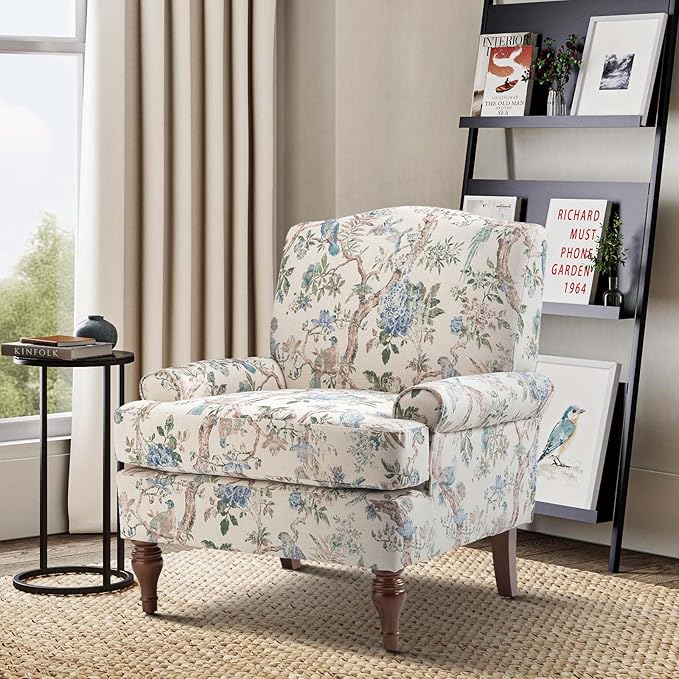 HULALA HOME Accent Chair with Solid Legs &amp Removable Cushion Blue Floral Comfy Upholstered Armchair Leisure Single Sofa Chair for Living Room Bedroom