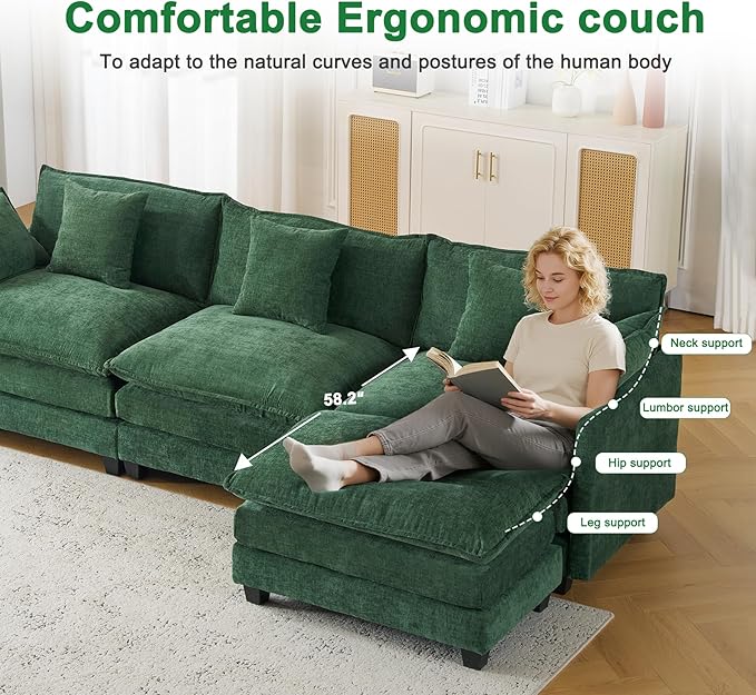 111.4 Modular Sectional Sofa｜Comfy Cloud Couch with Movable Ottoman Deep Seat｜Chenille L Shaped Modular Sofa Sectional Couches for Living Room Bedroom and Apartment｜Green
