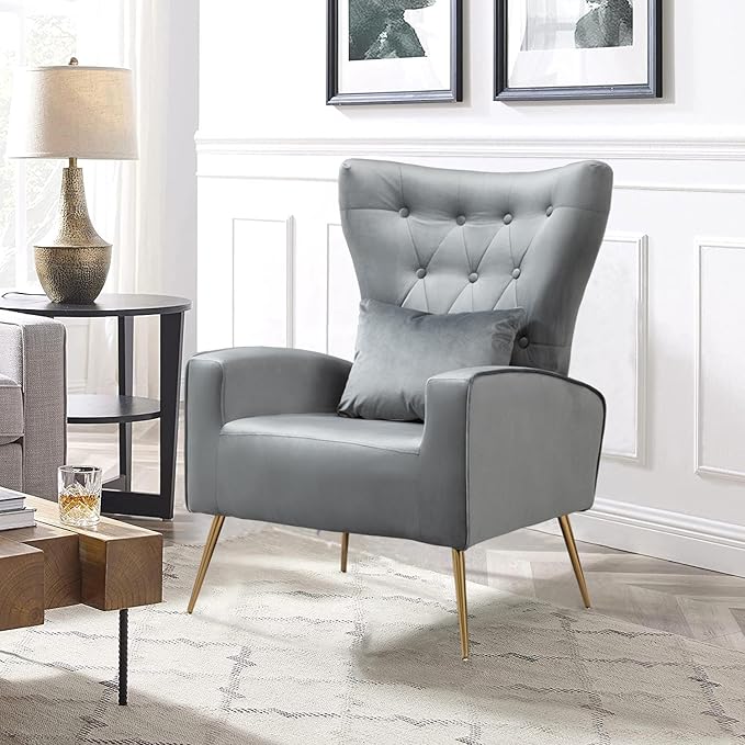 Velvet Accent Arm Chairs Set of 2 Mid-Century Armchairs with Wingback &amp Lumbar Pillow for Living Room Bedroom Guest Reception Chair for Office Button-Tufted Gold Finish Grey