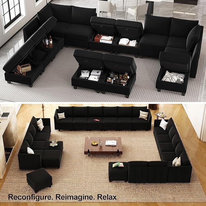 Belffin Modular Sofa Storage Ottoman Module for Velvet Piping Modular Sectoinal Couch Square Ottoman Footrest Black