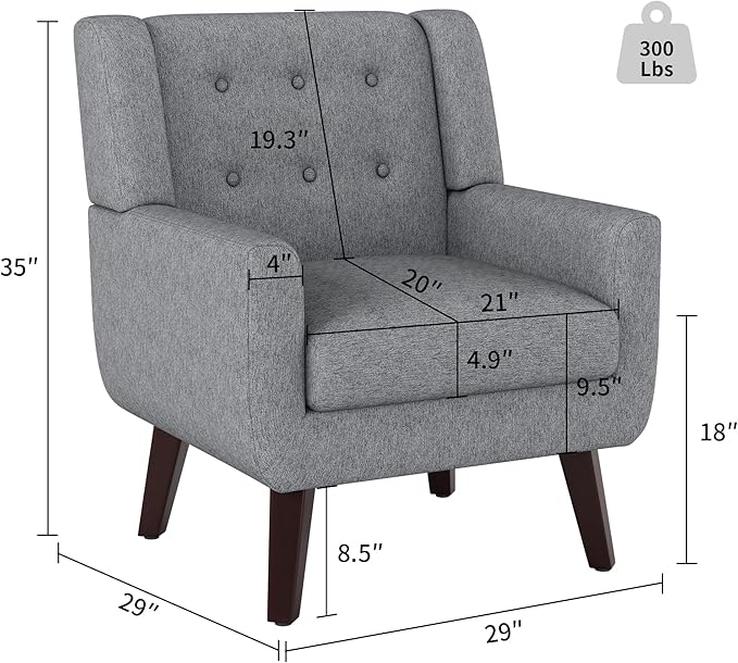 Accent Chairs Mid-Century Modern Upholstered Living Room Armchair Comfy Oversized Linen Fabric Single Reading Arm Chair with Tufted Back and Wood Legs for Bedroom Club (1 Grey)