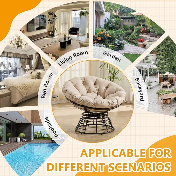 36” Papasan Chair with Cushion and Frame Oversized Papasan Chairs 360° Swivel Polyester Adjustable Feet Suitable for Living Room Patio Bedroom Indoor/Outdoor (Beige)