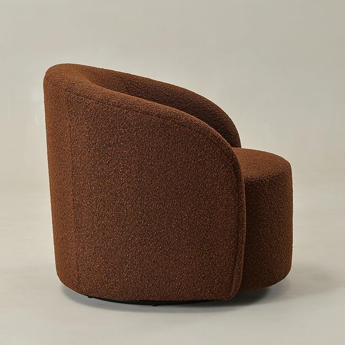 KINWELL 34 Boucle Swivel Barrel Chair with 18 Round Ottoman Set Fully Assembled Set of Sherpa Accent Chair and Footrest Modern Comfy Armchair and Footstool for Living Room and Bedroom Brown