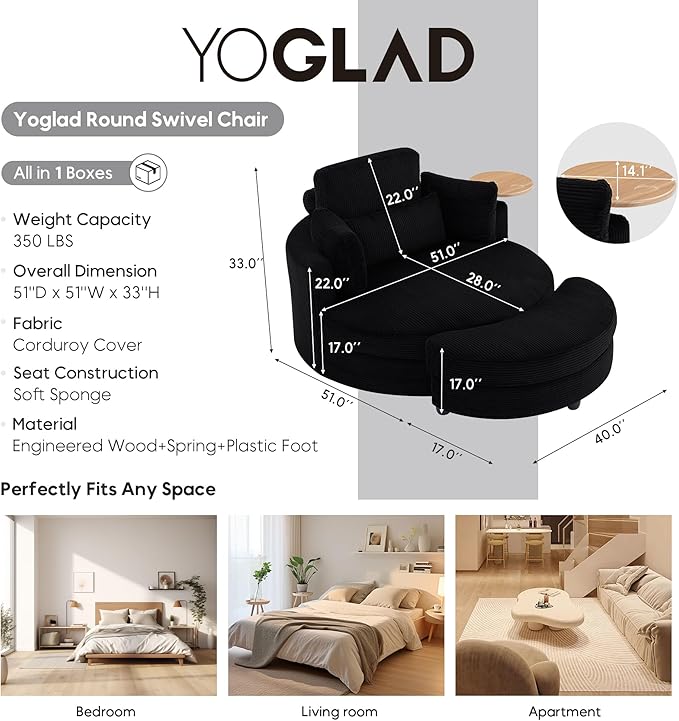 Yoglad Oversized Round Swivel Accent Chair with Ottoman &amp Wooden Armrest Tray – 360° Rotation and Stylish Modern Corduroy Fabric Perfect for Living Room/Apartment/Studio(Black)
