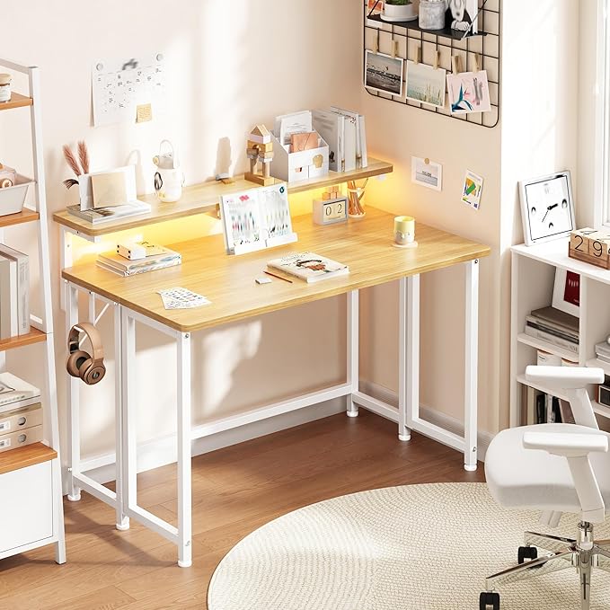 Folding Desk for Small SpaceFoldable Computer Desk with Monitor Stand31.5 Inch Small Desk with LED Lights for Bedroom Home OfficeWriting Work Office Computer Desk with HooksOak