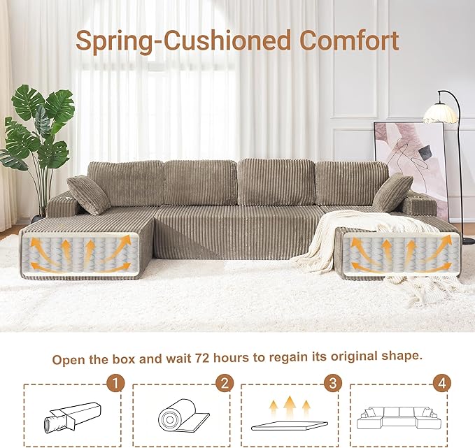 130'' U Shaped Cloud Sectional Couch Modular Boneless Couch for Living Room Corduroy Fabric Cloud Sofa with Supported Pillows and 2 Cup Holders No Assembly Brown