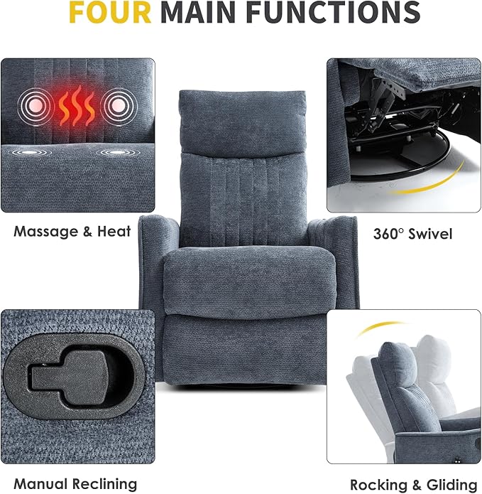 Swivel Rocker Recliner Chair 360° Swivel Recliner with Heat and Massage Rocker Recliner Nursery Glider Chair with Side Pockets for Living Room (Dark Blue Fabric)