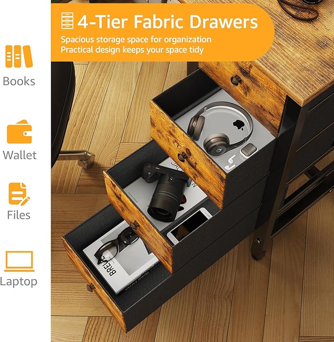 DLisiting 47 Inch Computer Office Desk - Home Office Desk with Storage Fabric Drawers Simple PC Writing Work Desks for Bedroom Boys Girls Teens Childrens Rustic Brown