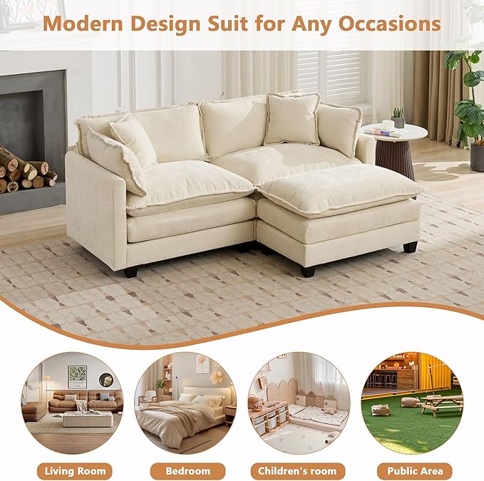 Setawix Modern Modular Sectional Sofa 78 Upholstered Chenille Loveseat with Movable Ottoman Comfy L-Shaped Sofa Oversized Deep Seat Cloud Couch with 2 Throw and Arm Pillows for Living Room Beige