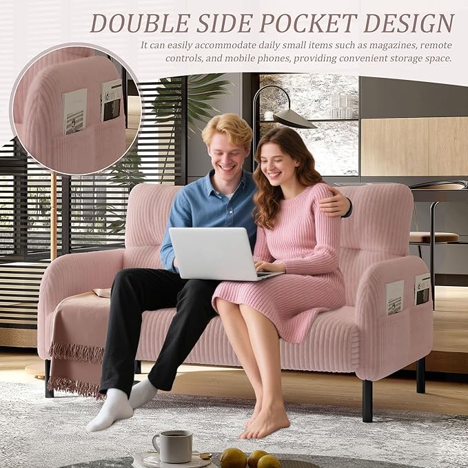 Pink Small Loveseat Sofa - 47 Mini Couch for Bedroom Comfy Corduroy Fabric 2-Seat Sofa Couch with Solid Wood Frame for Living Room Small Space Dorm Easy Assembly (Pink) | Sturdy and Durable