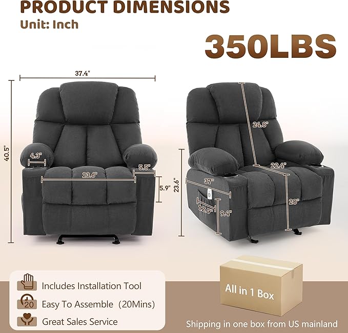 Massage Rocker Recliner Chair Ergonomic Rocking Recliner Sofa with Vibration Massage &amp Heat Reclining Fabric Nursery Chair for Living Room Lounge with 4 Pockets 2 Cup Holders Black