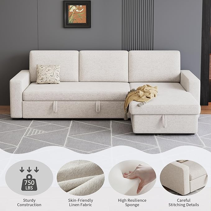 81 inch 3-seat Convertible L Shaped Sleeper Sofa Pull Out Sectional Couch with Storage Chaise &amp Removable Cushions Modern Furniture for Small Living Room Apartment Loft Beige