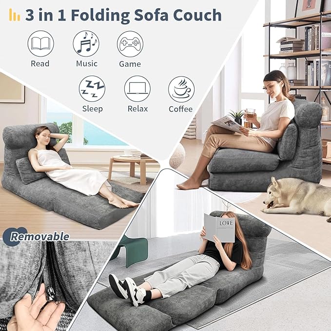 Folding Sofa Bed Floor Couch for Adults Chair Bed Convertible Sleeper Chair with Back Support Washable Cover Deep Seat Sleeper Couch for Living Room