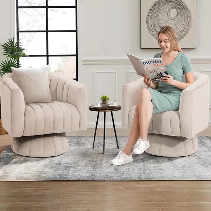Kromax Swivel Accent Chair with Armrest Set of 2 Mid Century 360 Degree Swivel Barrel Chair Overstuffed Tufted Velvet Ideal for Living Room Bedroom Reading Room Beige