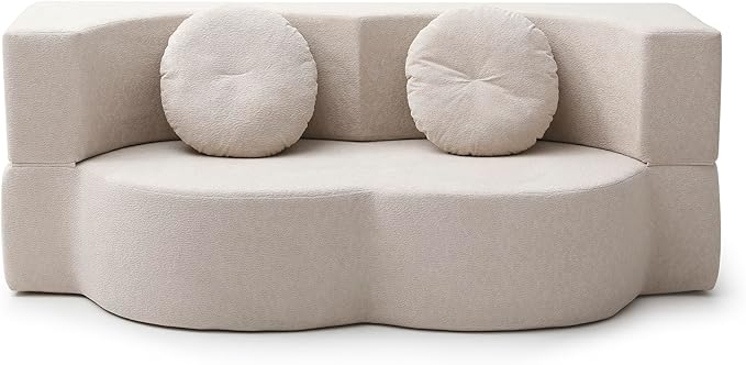 76 Convertible Folding Futon Sofa Bed Queen Sleeper Sofa with Pillow Teddy Fabric Floor &amp Futon Loveseat Couch Foam Folding Mattress Sleeper for Living Room Guest Use Office Apartment(Beige