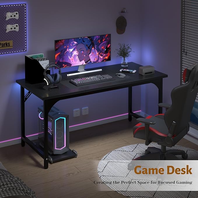 AZN Computer Desk 55in Computer Desk Gaming Office Desk w/Carbon Fiber Tabletop Gaming Office Desk w/Sturdy Metal Frame Home Office Desks w/Large Legroom for Game Work Study Writing Black