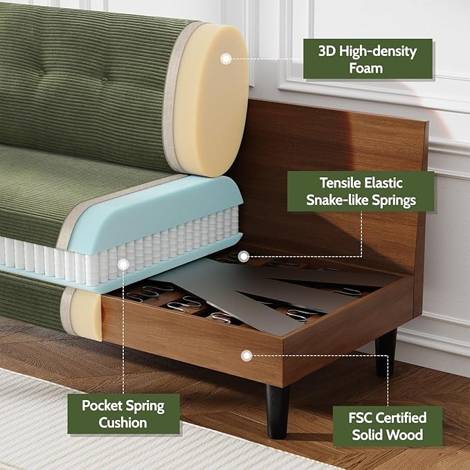 WEUP 50 Small Loveseat Sofa Small Couch for Living Room Bedroom Office Green Corduroy Comfy Love Seat with Spring Cushion Solid Wood Frame Tool-Free Assembly Green Corduroy