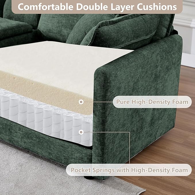 113.4 Deep Seat Sectional Cloud Sofa with 2 Ottomans Oversized U Shaped Modular Couch Large 6 Seater Corner Couches for Living Room Green Chenille