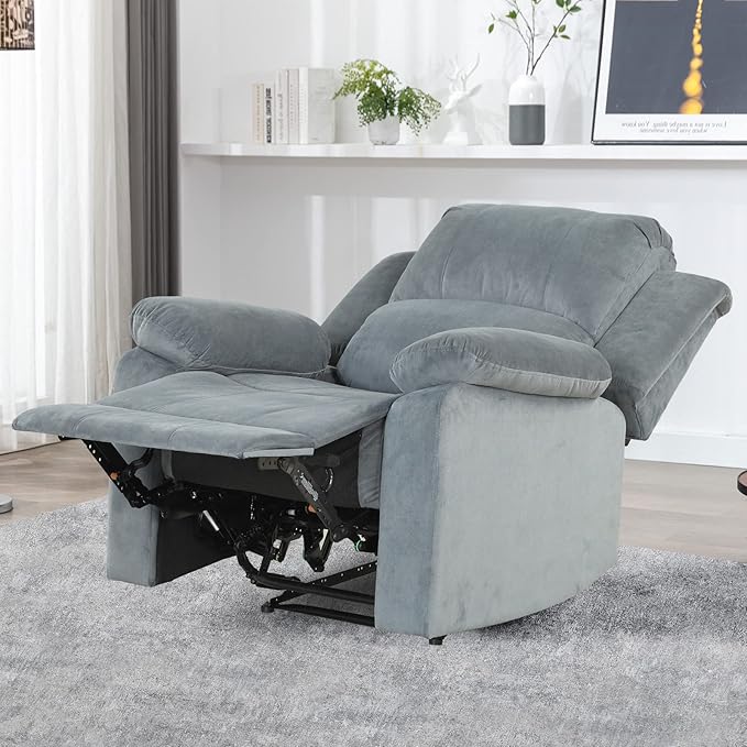 CANMOV Manual Recliner Chair Soft Fabric Overstuffed Recliner Single Sofa Chair for Living Room Heavy Duty and Safety Reclining Mechanism (Blue Grey)