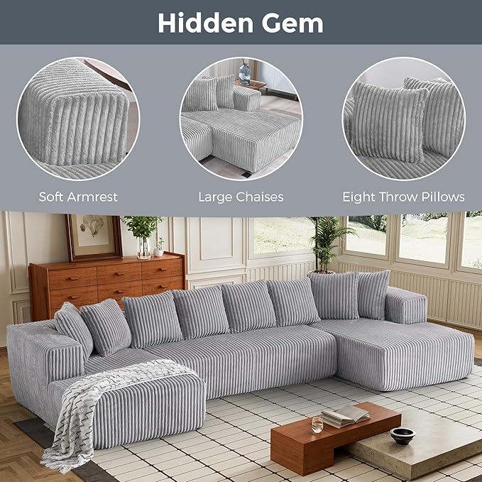 Minimalist Oversized Modular Sofa Couch Deep Seat Sectional Sofa with Two Chaise Comfy Corduroy Shape Cloud Couch for Living Room Apartment - Light Gray