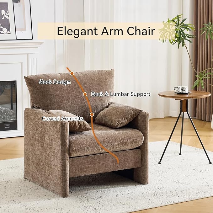 Chenille Oversized Armchair Pillows-top Armrests Accent Chair for Bedroom Living Room Upholstered Chair Sofa Couch Comfy Modern Armchair Single Sofa Chair (Brown 1 Pack)