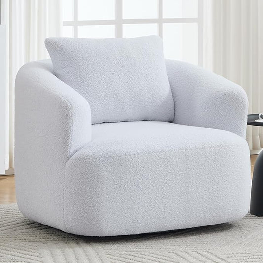 Swivel Accent Chair 360° Rotating Barrel Chair with Teddy Fleece Upholstery &amp High-Resilience Sponge Cushion Easy Assembly Single Sofa for Living Room Bedroom or Apartment (White)