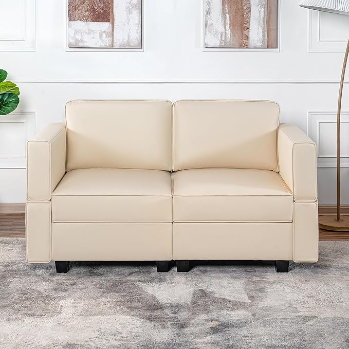 Naomi Home Sarah Modular Loveseat Sofa Couch with Storage Seats Air Leather 2 Seater Love Seats for Small Spaces Beige