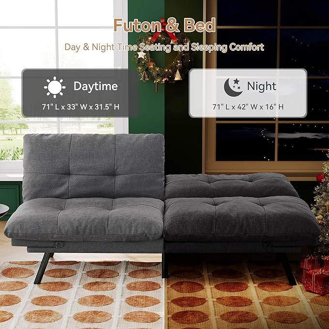 Convertible Futon Sofa Bed71 Modern Fabric Futon Couch with Adjustable Backrest&ampArmrestSmall Loveseat Sleeper SofaDorm Futonsofa for ApartmentLiving RoomDetachable CushionsFog Grey