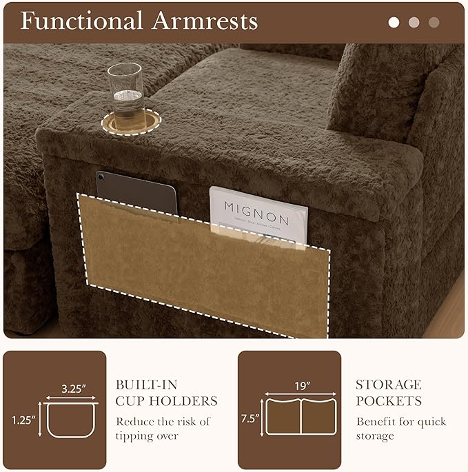42 Oversized Chaise Lounge Chair Indoor Faux Rabbit Fur Upholstered Sleeper Chair with Storage Ottoman and Armrests Cup Holders Single Reading Couch for Living Room (Brown/19)