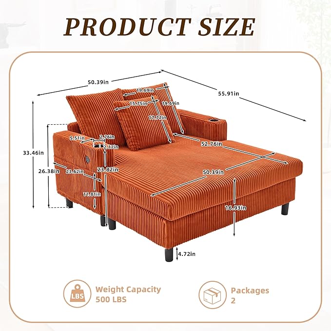 KEIKI 50 W Corduroy Oversized Recliner Single Sofa Couch with Deep Seat3 PillowsUSB ChargingCup Holder and Side Pocket Design