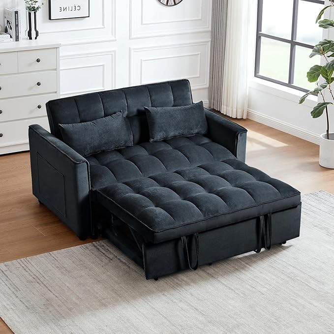 3 in 1 Convertible Sleeper Sofa Bed 54'' Full Size Velvet Pull Out Futon Couch Recliner with Reclining Backrest &amp 2 Pillows Small Loveseat Lounge Couches for Small Spaces (Black)