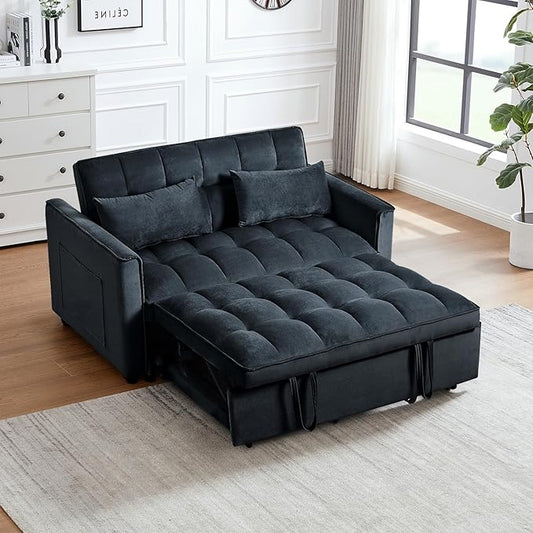 3 in 1 Convertible Sleeper Sofa Bed 54'' Full Size Velvet Pull Out Futon Couch Recliner with Reclining Backrest &amp 2 Pillows Small Loveseat Lounge Couches for Small Spaces (Black)