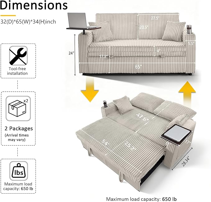 65in Sleeper Sofa Bed Convertible Pull Out Couch with Small Table| USB Port | Cup Holder | Corduroy Fabric | Adjustable Backrest for Apartment Office Bedroom Guest Room (LightGrey)