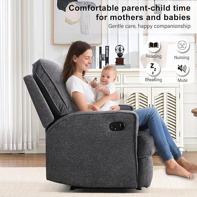 INZOY Manual Recliner with Thicker Backrest Soft Fabric Recliner Chair with Overstuffed Cushion Heavy Duty Reclining Sofa for Living Room Bedroom Apartment Grey