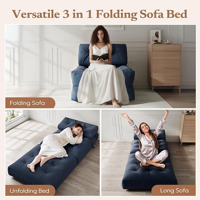 Folding Sofa Bed Foldable Mattress Sleeper Chair with Pillow Convertible Comfy Foam Couch Bed FSmall Floor Sofa Lounge for Living Room Bedroom Apartment Small Space Blue