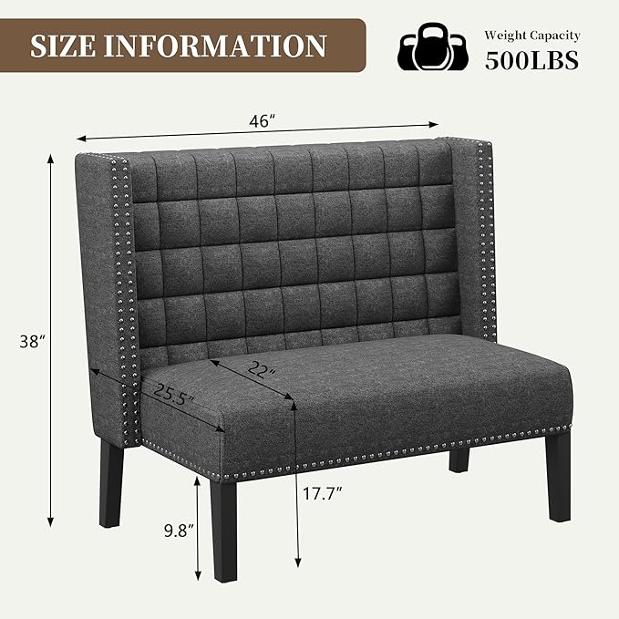 Yongqiang Modern Tufted Loveseat Settee Upholstered Bench with Back for Kitchen Dining Room Living Room Linen High Back Banquette Seating Sofa Couch with Wood Legs Grey