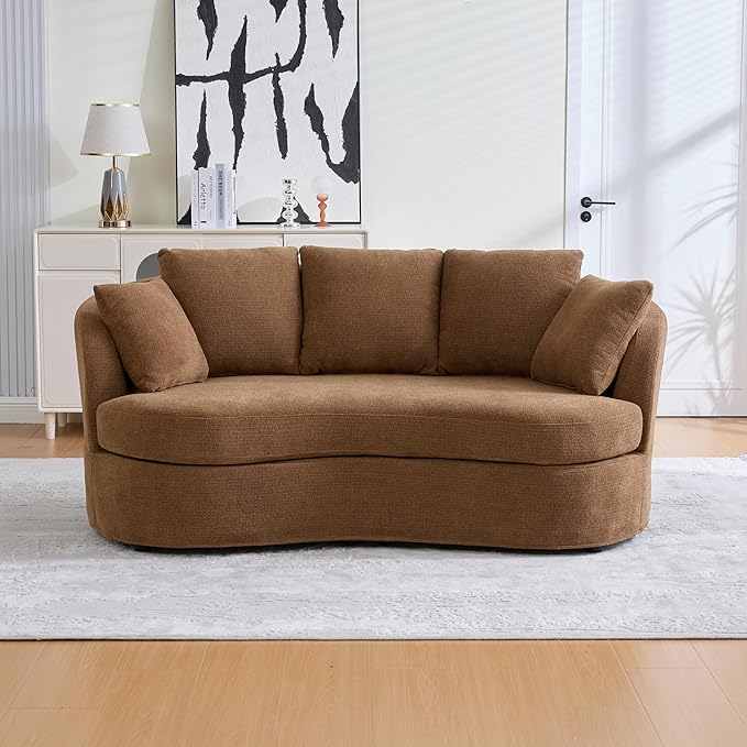 KEIKI 74” Curved Loveseat Sofa Curved Couches with 4 Removable Cushions Modern Luxury Plush Chenille Extra-Deep Seat Sofa for Small Spaces Living Rooms Bedroom Brown