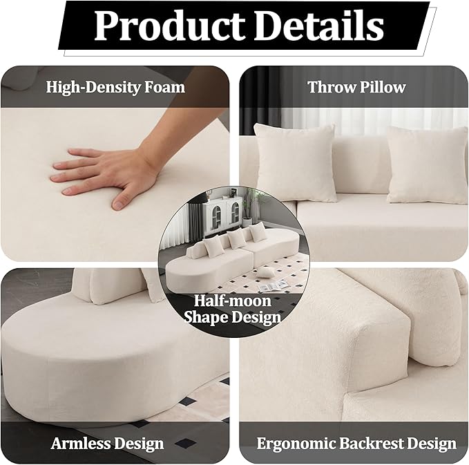 130'' Curved Modular Sectional Long Sofa Modern Cloud Boneless Deep Seat Couch Plush Terry Cloth Compressed Upholstered Lounge Sofa for Living Room No Assembly Required Beige 3 Pillows