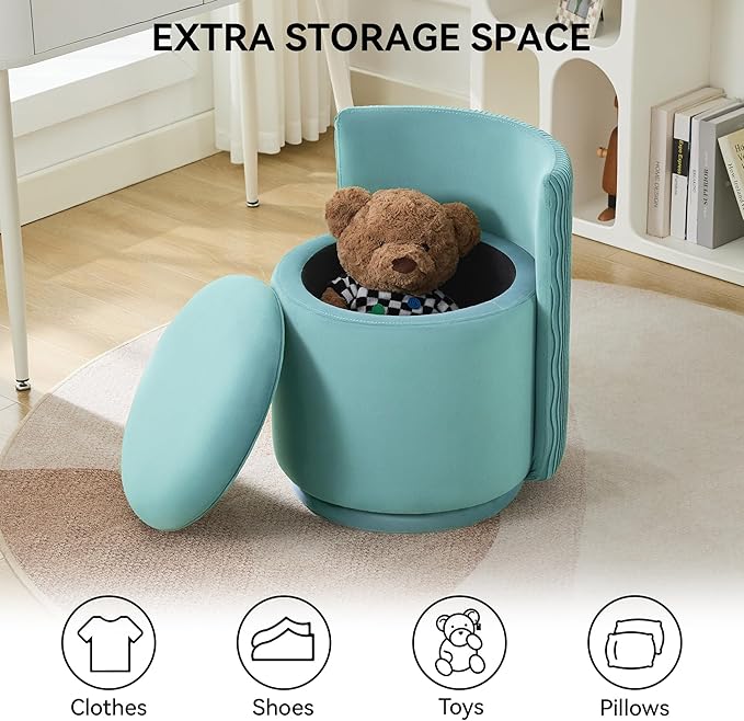 Velvet Vanity Chair with Storage 360° Swivel Makeup Chair with Wave Back No Assembly Small Accent Stool for Bedroom Dressing Living Room Teal