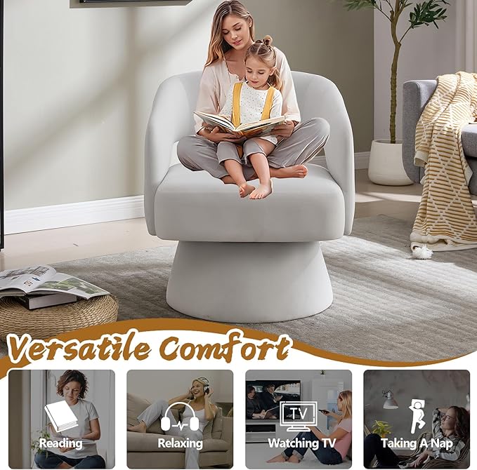 Swivel Accent Chair with Arms for Living Room Swivel Barrel Chairs with Backet for Small Space Velvet Round Chair for Bedroom (White)