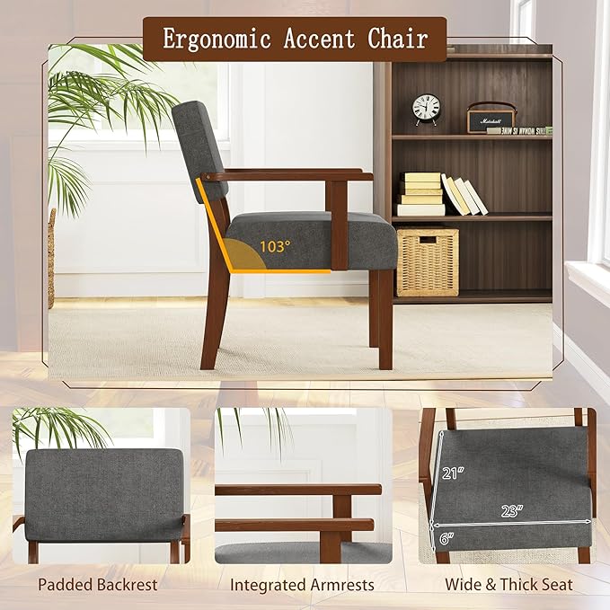 KOMFOTT Upholstered Accent Chair Mid-Century Modern Armchair with Rubber Wood Frame Linen Fabric Living Room Chair with Padded Seat &amp Backrest Comfy Reading Chair for Bedroom Waiting Room Gre