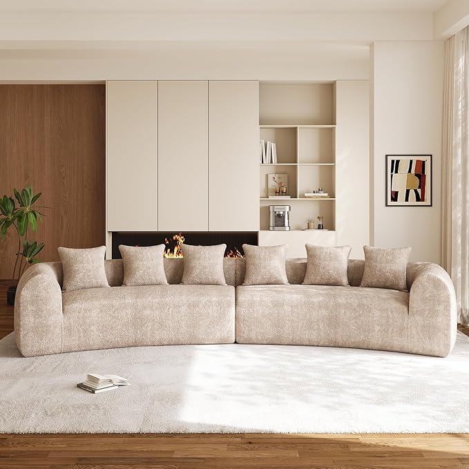 157 Oversized Curved Sofa Sectional Couch Chenille Cloud Couches Wide Armrest Deep Seat 6-Seater High Density Foam Sofas with 6 Pillows for Living Room No Assembly Needed Camel